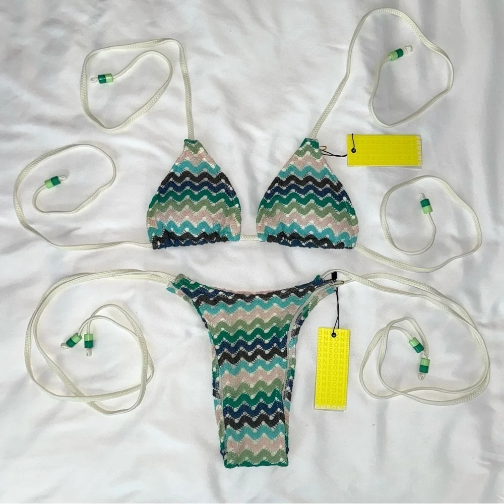 NWT OneOne Swimwear Bikini Set Ithaca Knit Crochet Medium XS New Blue Green - Picture 3 of 7